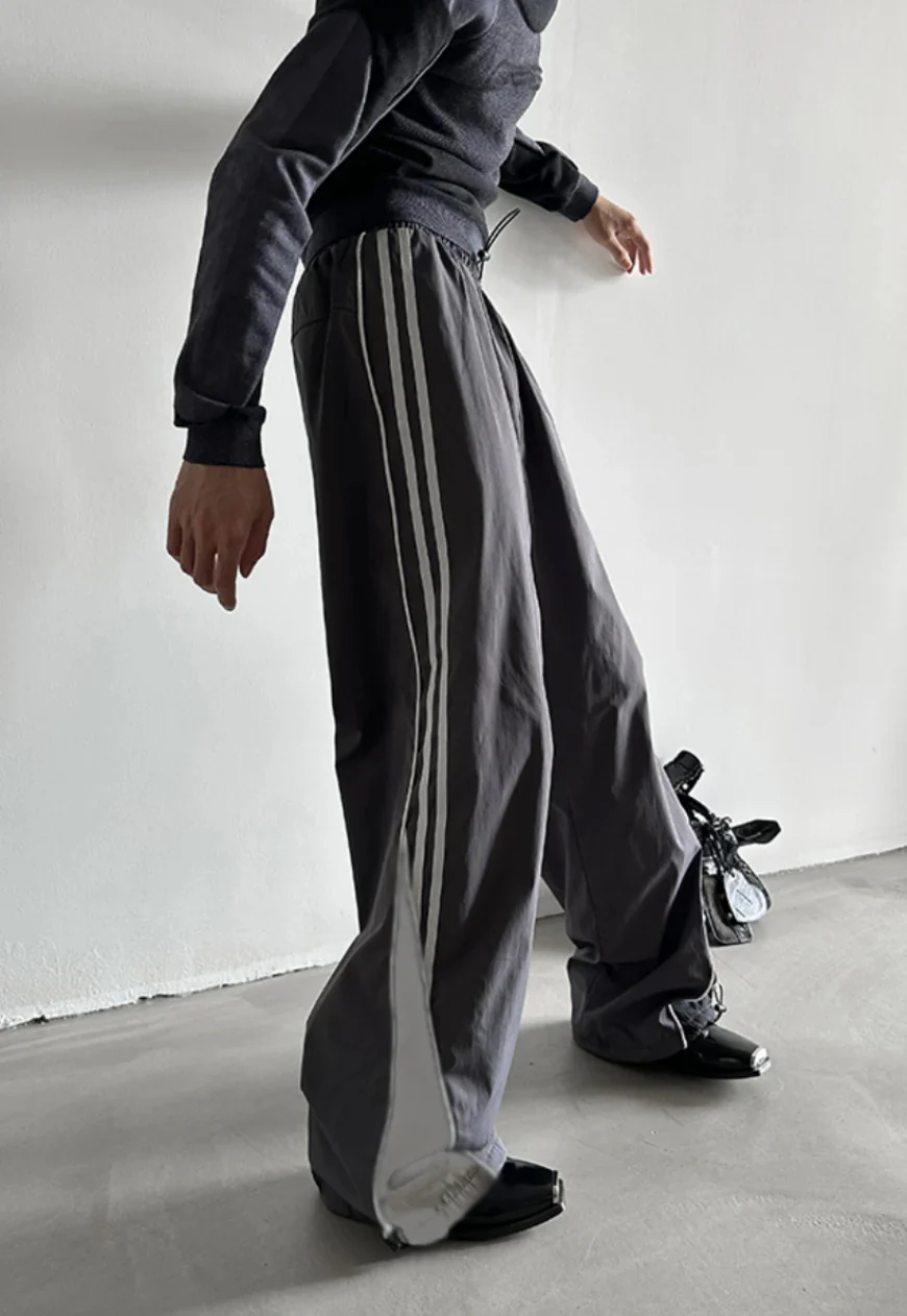 Dark Grey Striped Parachute Pants - Image 3